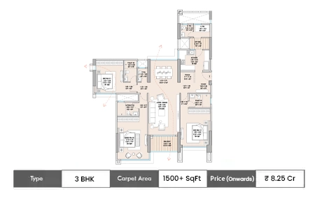 Godrej Skyshore Versova 3 BHK floor plan, 1500 sq ft carpet area